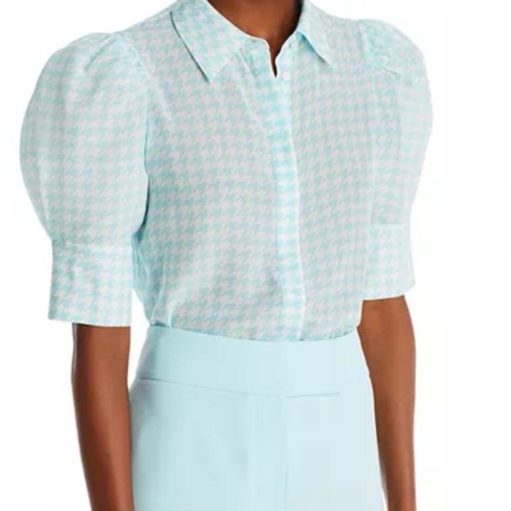 Alice and Olivia Houndstooth Willa Puff Sleeve Blouse